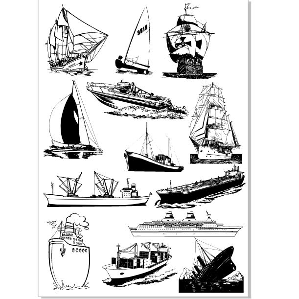 پَک برچسب وینیل قایق‌ها و کشتی‌های سیاه‌وسفید (Line Art Ships & Boats Vinyl Sticker Pack)